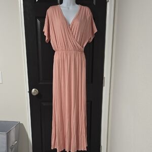 Dolman Flutter Sleeve Blouson Maxi Dress in Dusty Pink